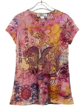 Y2K Kikit Pink Multicolor Asian Dragon Graphic Burnout Tee